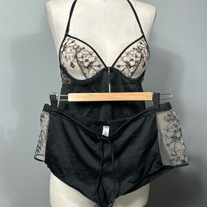 Victoria’s Secret Black Satin Lace Top and Bottom Short Set